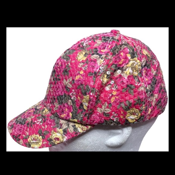 Women's Floral Sequins Sparkly Pink Baseball Cap Hat Adjustable Strap Spring - Picture 9 of 16